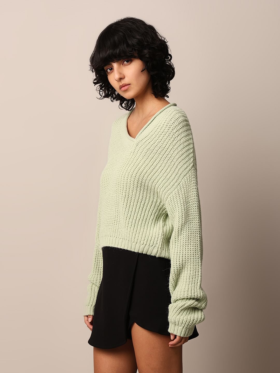 Green Asymmetric Neck Oversized Pullover