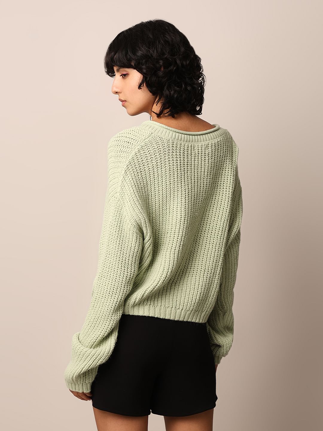 Green Asymmetric Neck Oversized Pullover