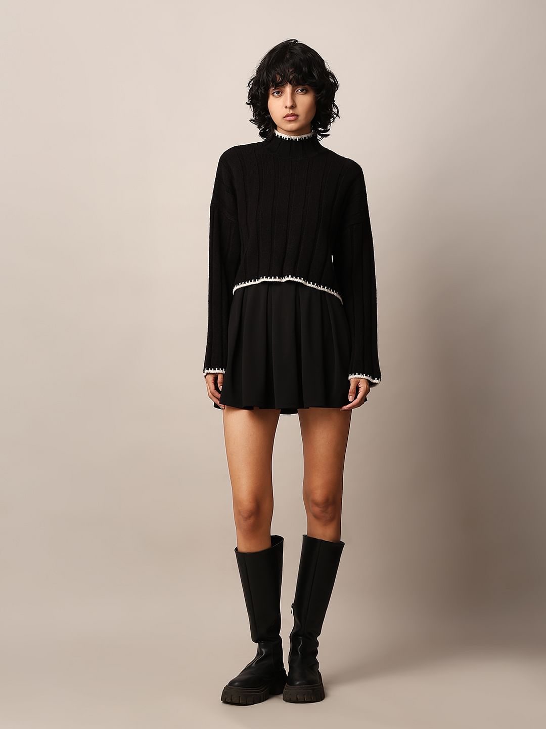 Black Ribbed Boxy Fit Pullover