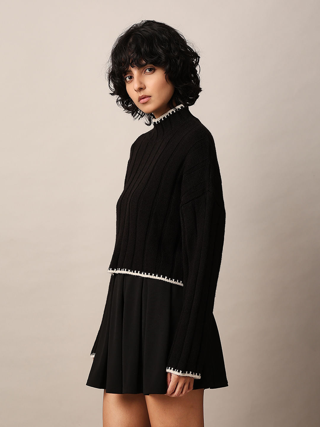 Black Ribbed Boxy Fit Pullover