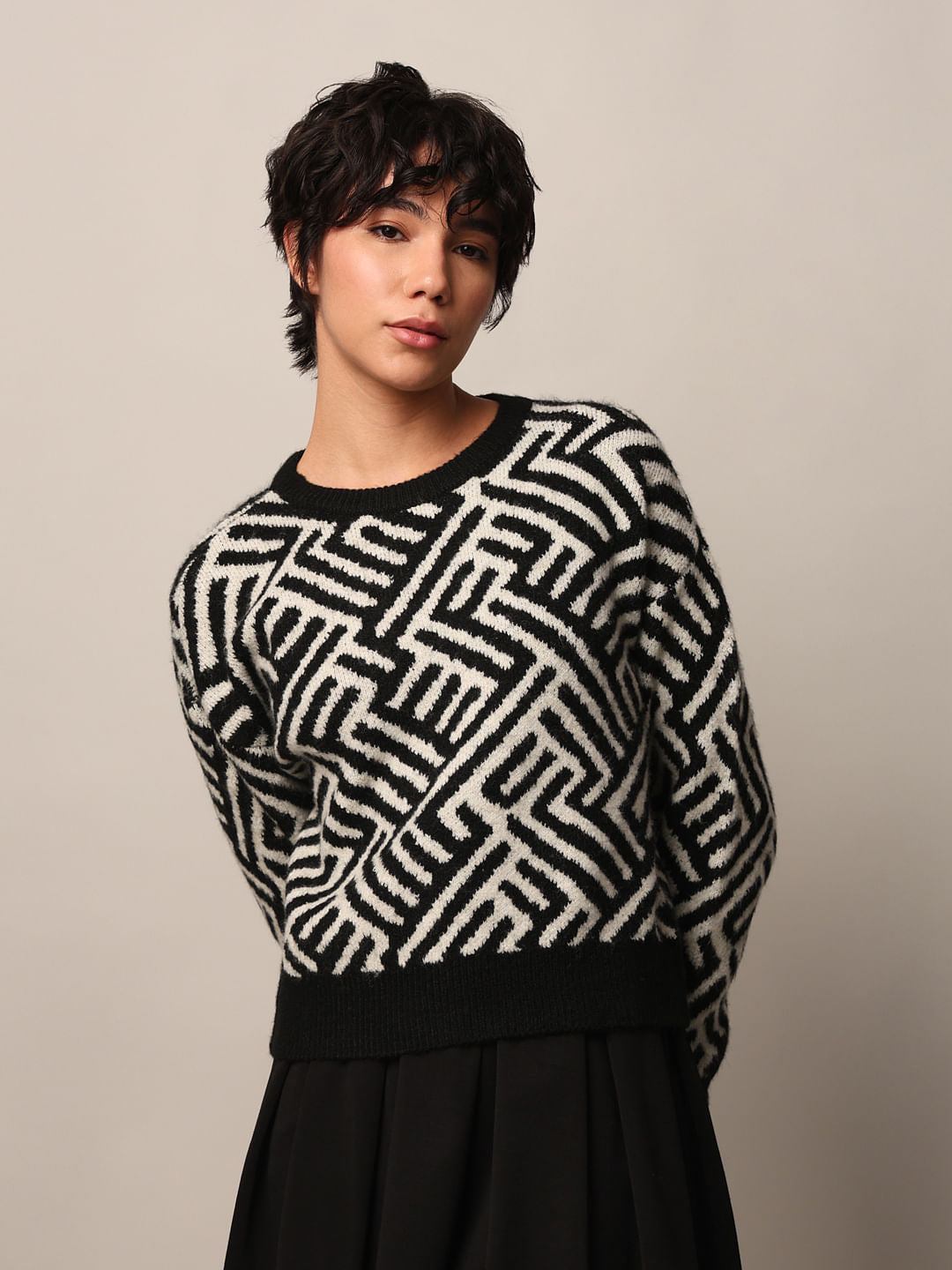 Black Jacquard Knit Pullover