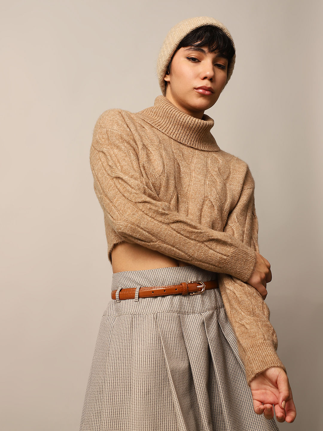 Brown Cable Knit Turtleneck Pullover