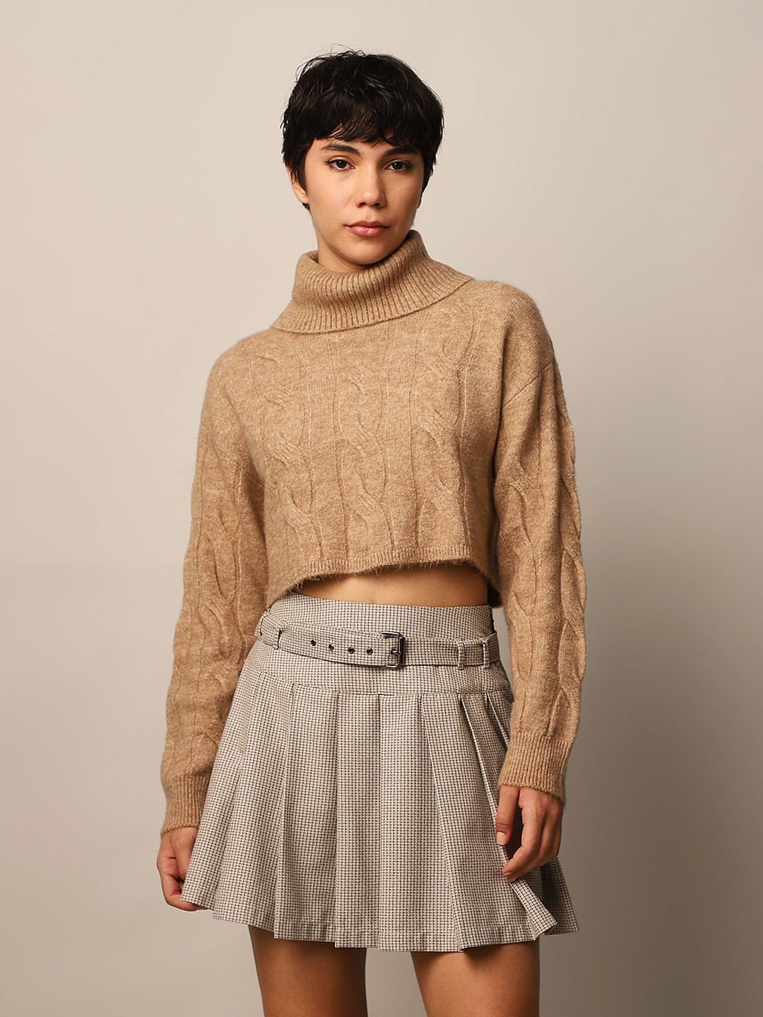Brown Cable Knit Turtleneck Pullover