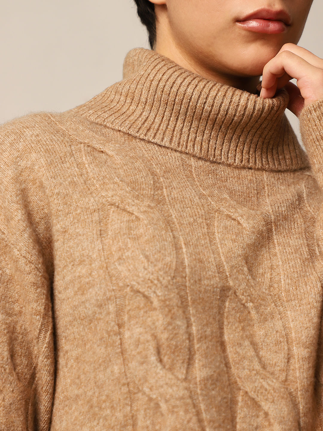 Brown Cable Knit Turtleneck Pullover