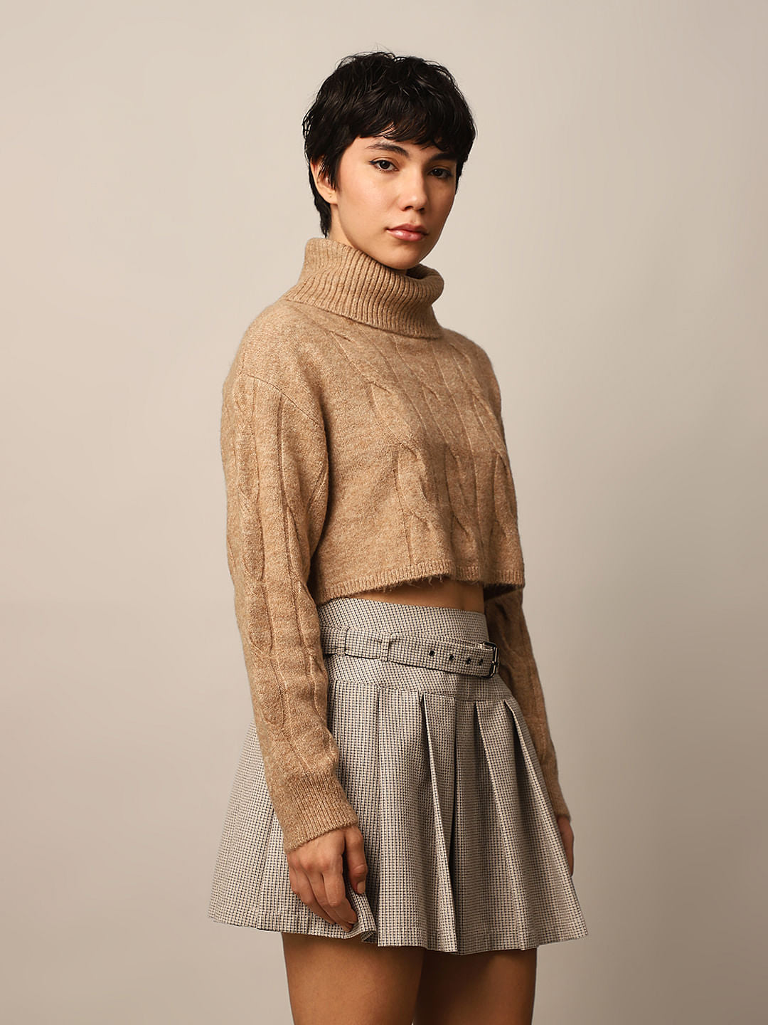 Brown Cable Knit Turtleneck Pullover