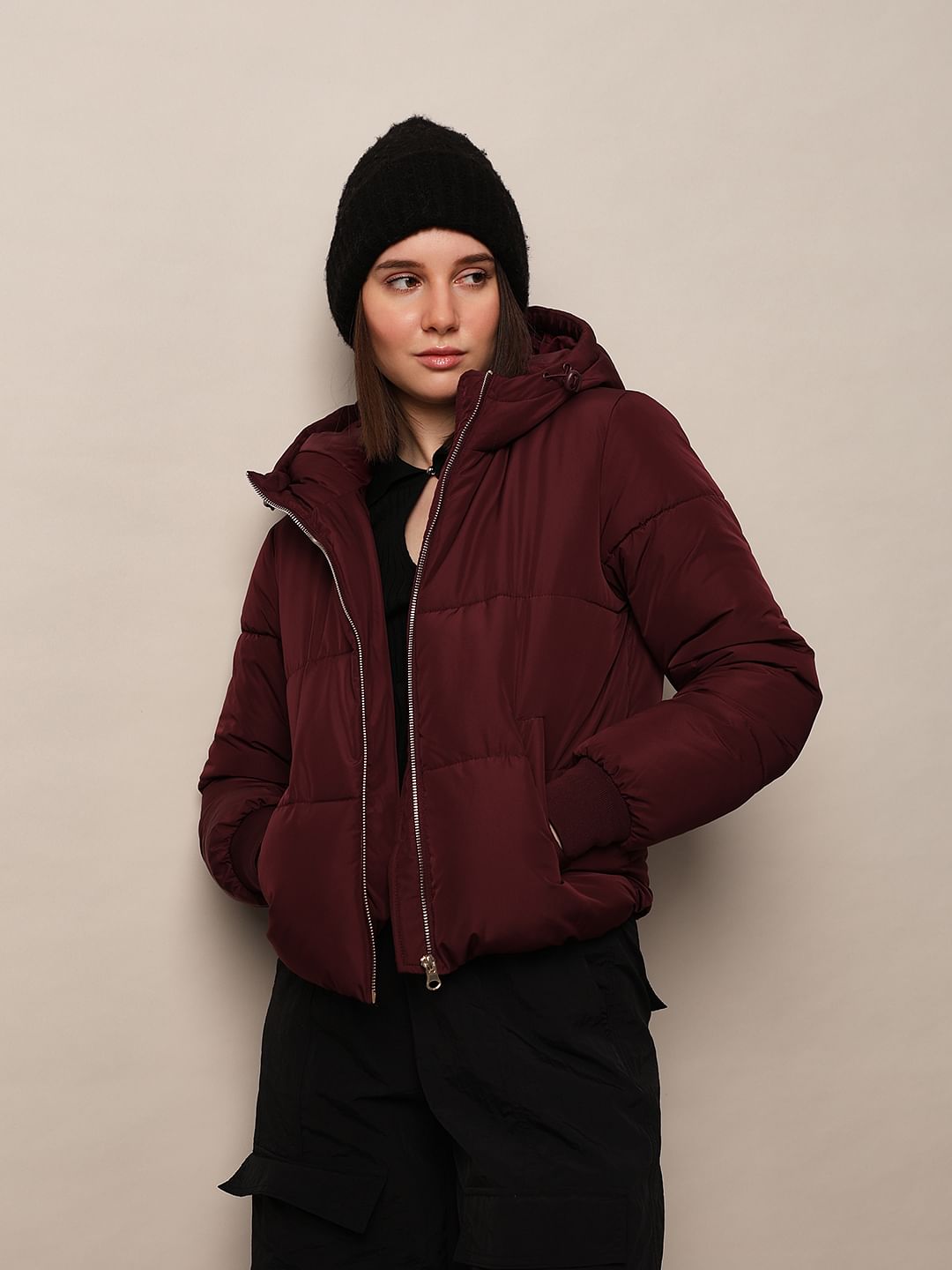Maroon Hooded Cropped Puffer Jacket