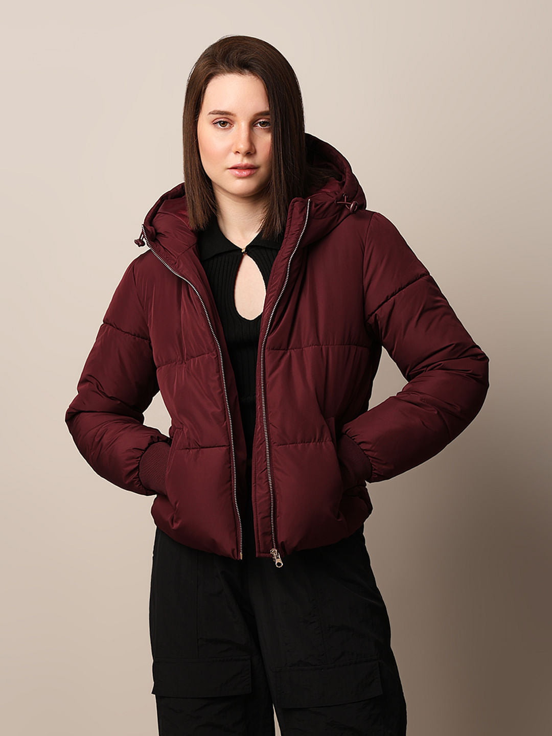 Maroon Hooded Cropped Puffer Jacket