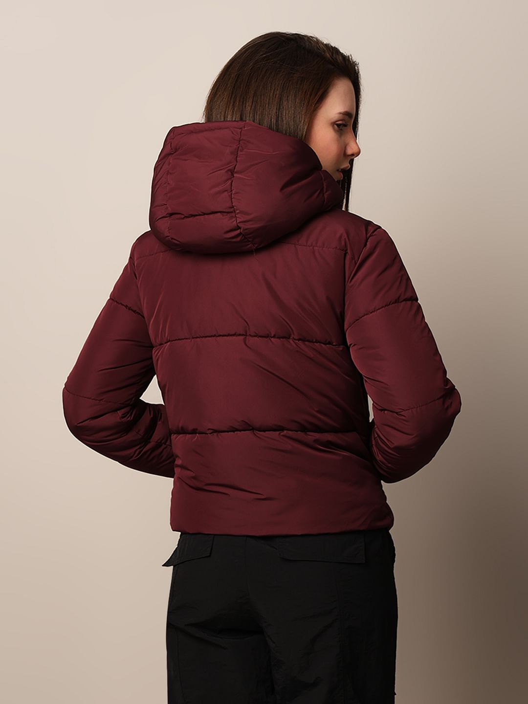 Maroon Hooded Cropped Puffer Jacket