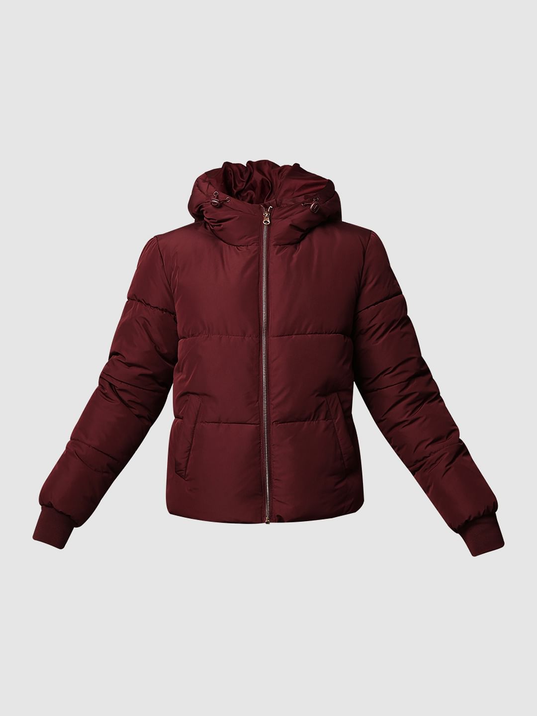 Maroon Hooded Cropped Puffer Jacket