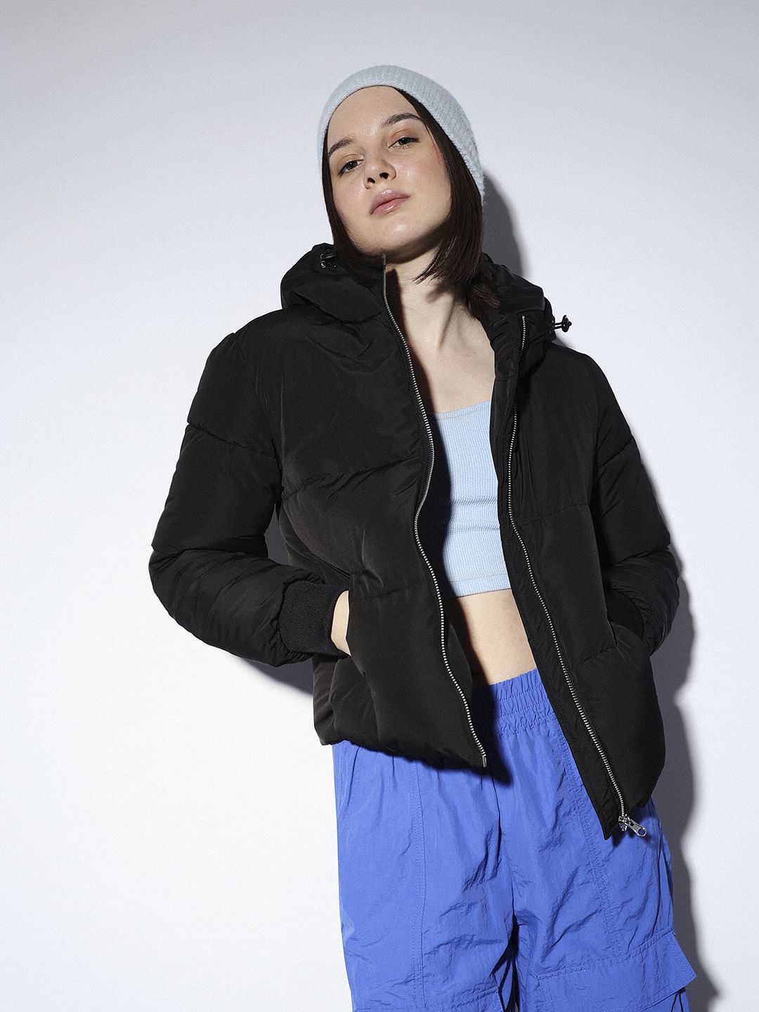 Black Hooded Cropped Puffer Jacket
