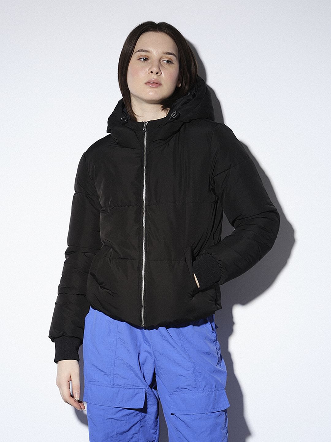 Black Hooded Cropped Puffer Jacket