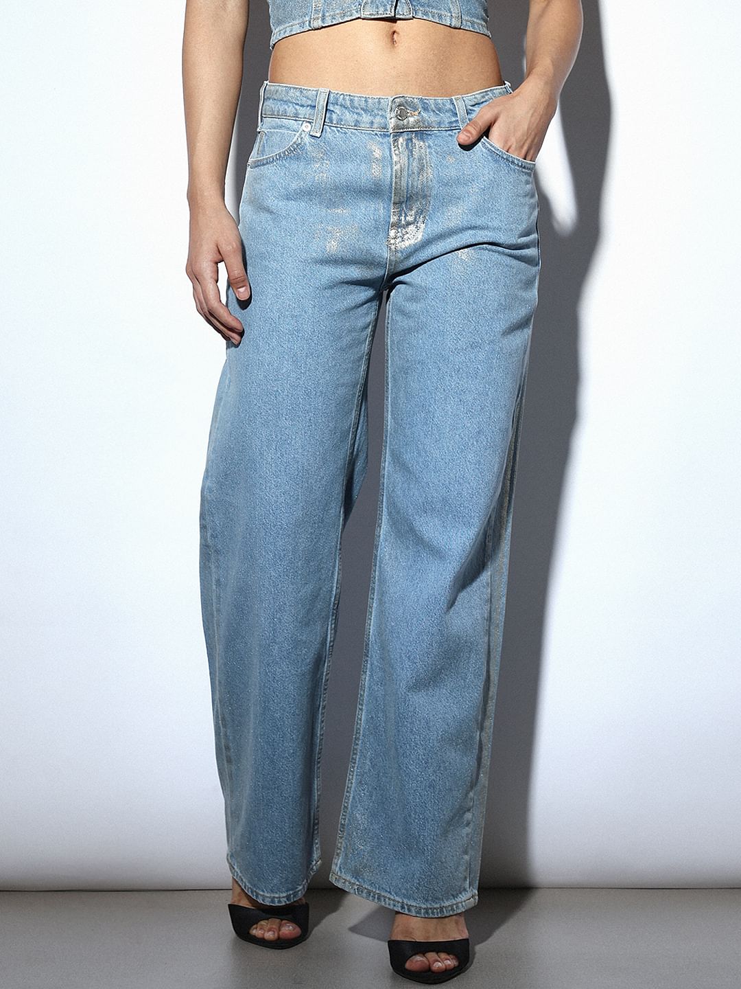 Blue Gold Coated Wide Leg Jeans