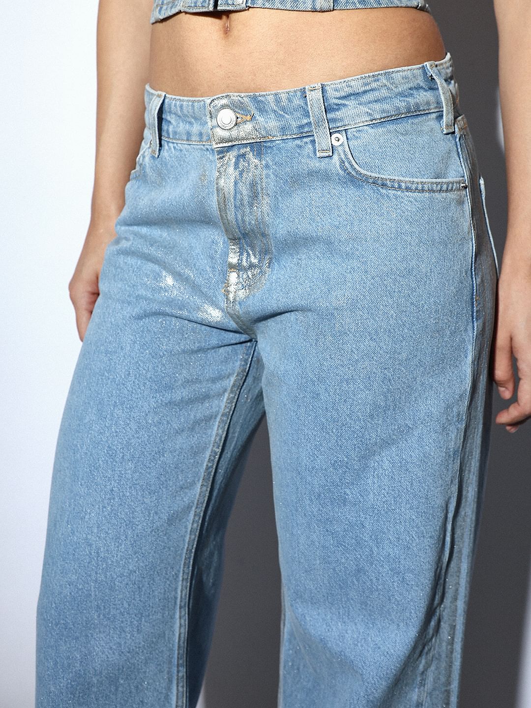 Blue Gold Coated Wide Leg Jeans