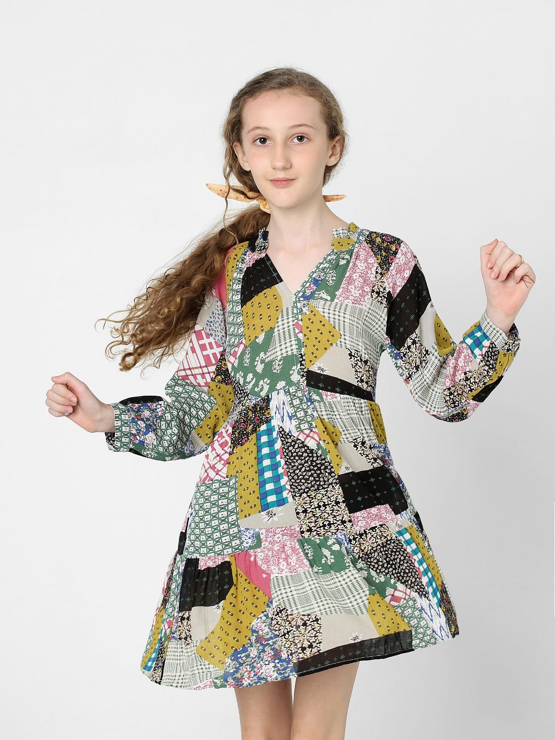 Girls White Patch Print Dress