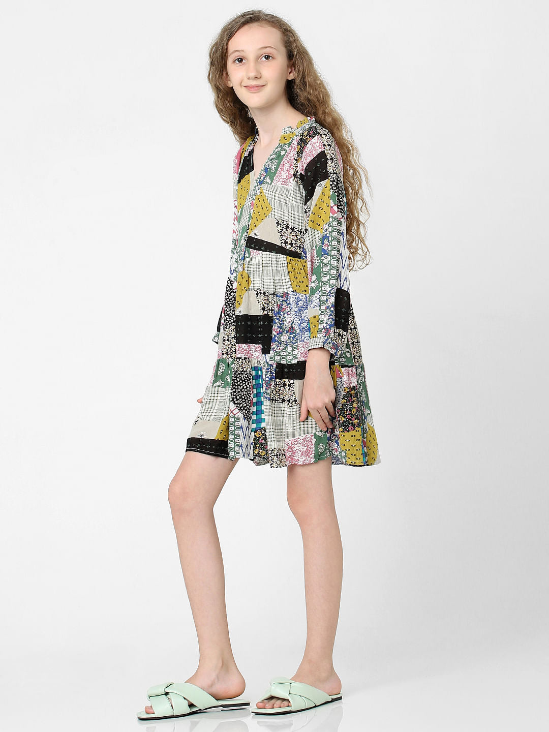 Girls White Patch Print Dress