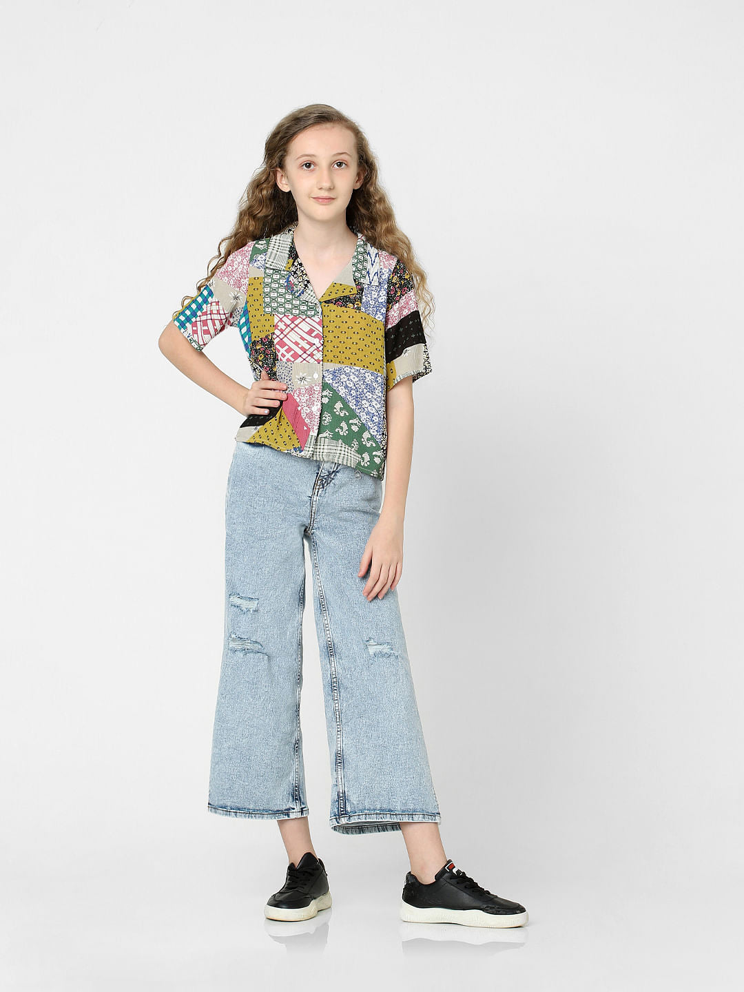 Girls White Patch Print Shirt