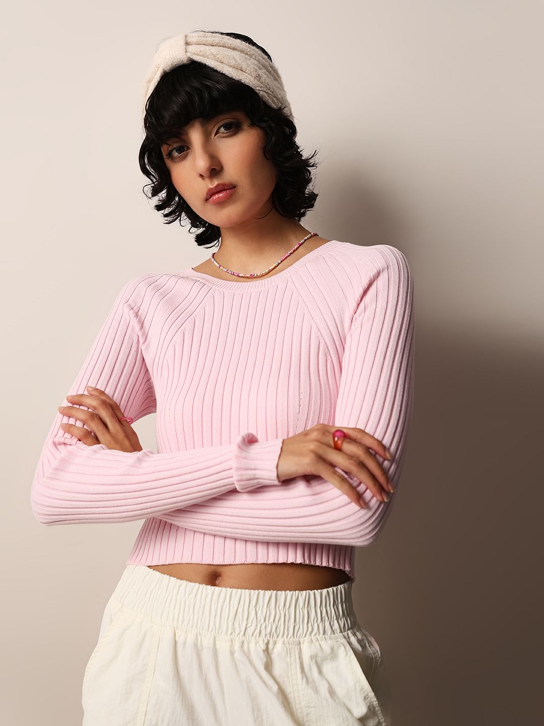 Pink Rib-Knit Cropped Fitted Pullover