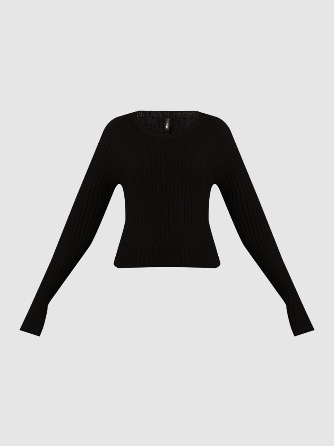 Black Rib-Knit Cropped Fitted Pullover