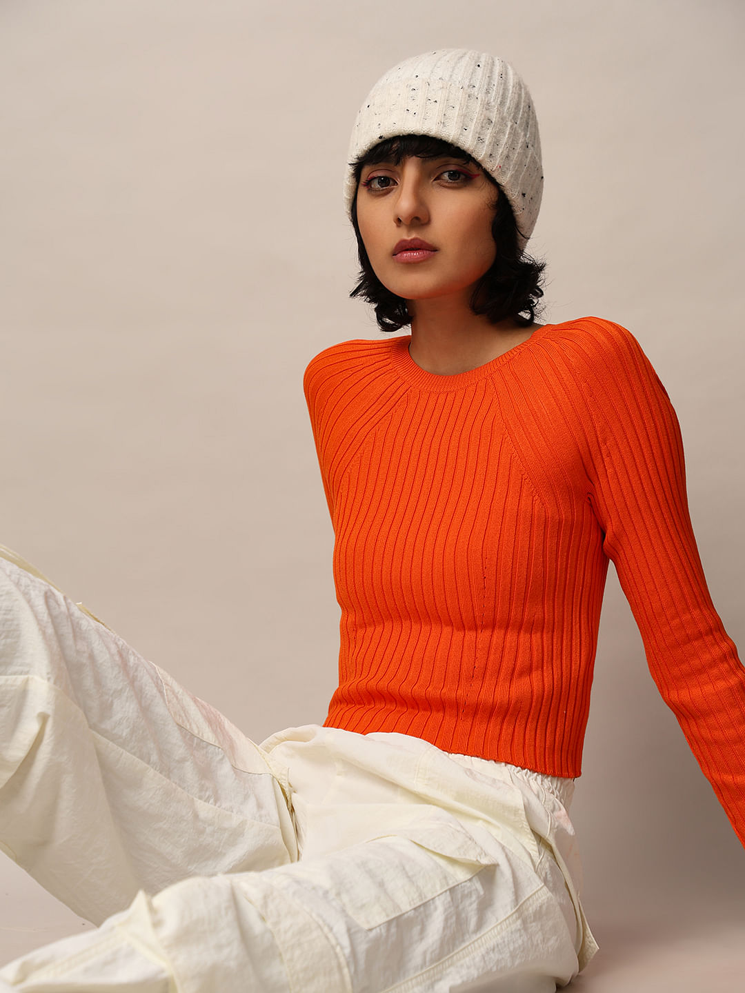 Orange Rib-Knit Cropped Fitted Pullover