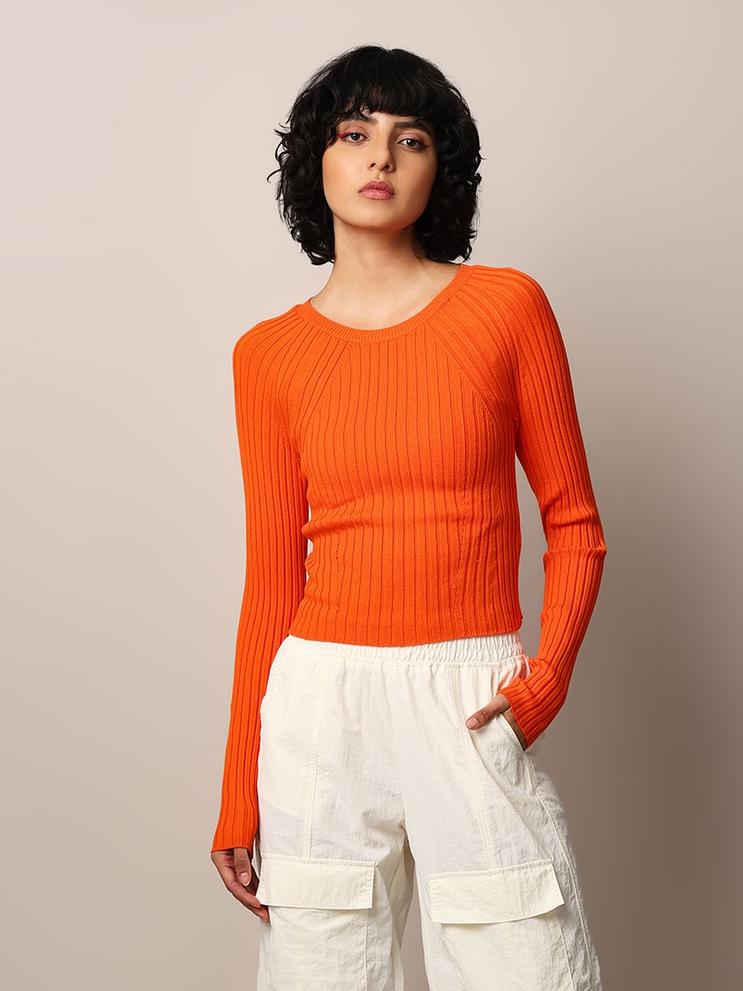 Orange Rib-Knit Cropped Fitted Pullover