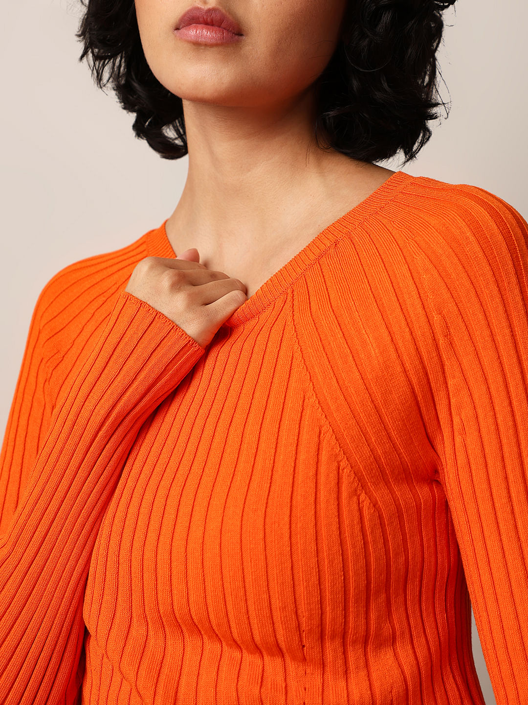 Orange Rib-Knit Cropped Fitted Pullover