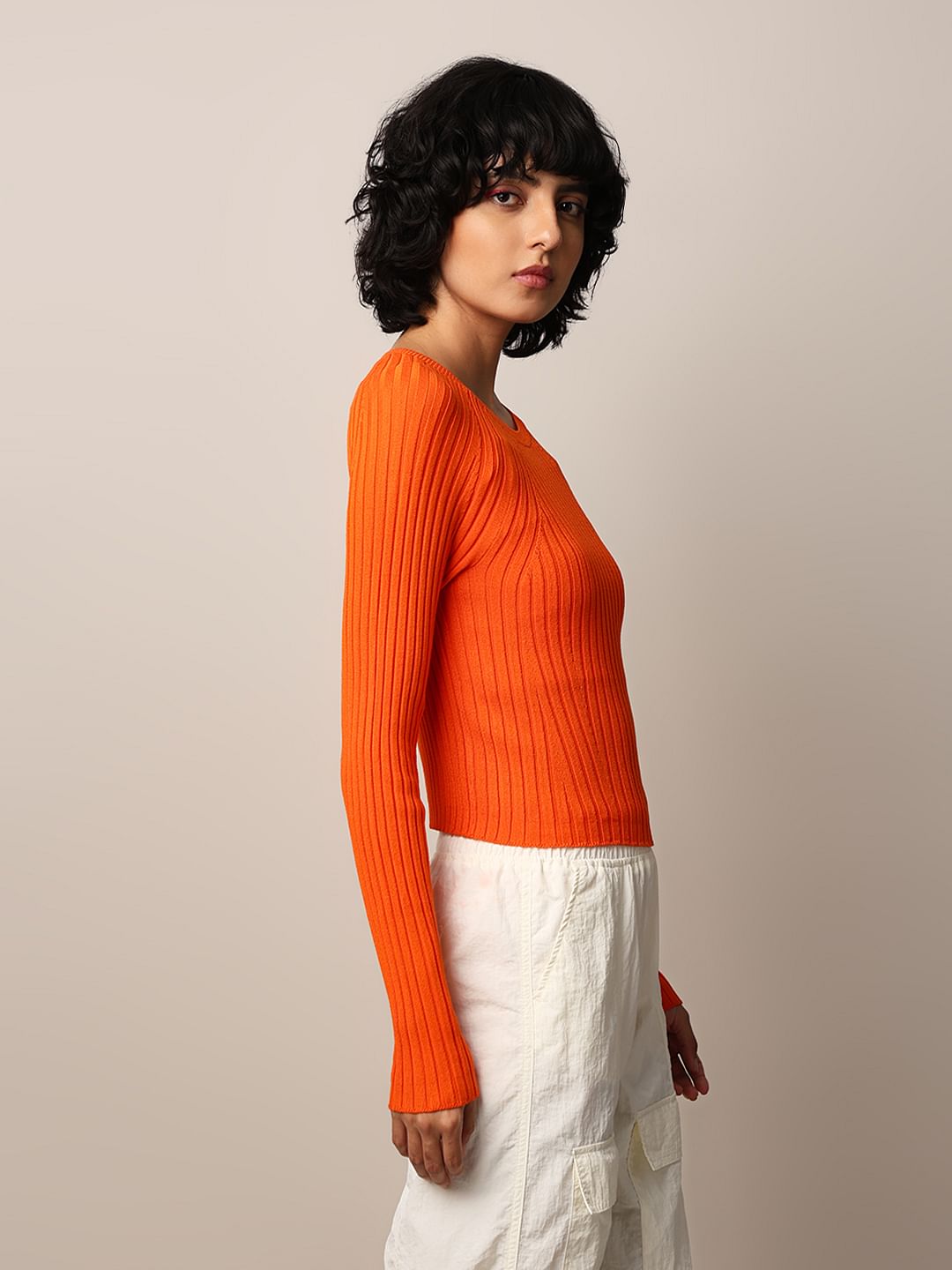Orange Rib-Knit Cropped Fitted Pullover
