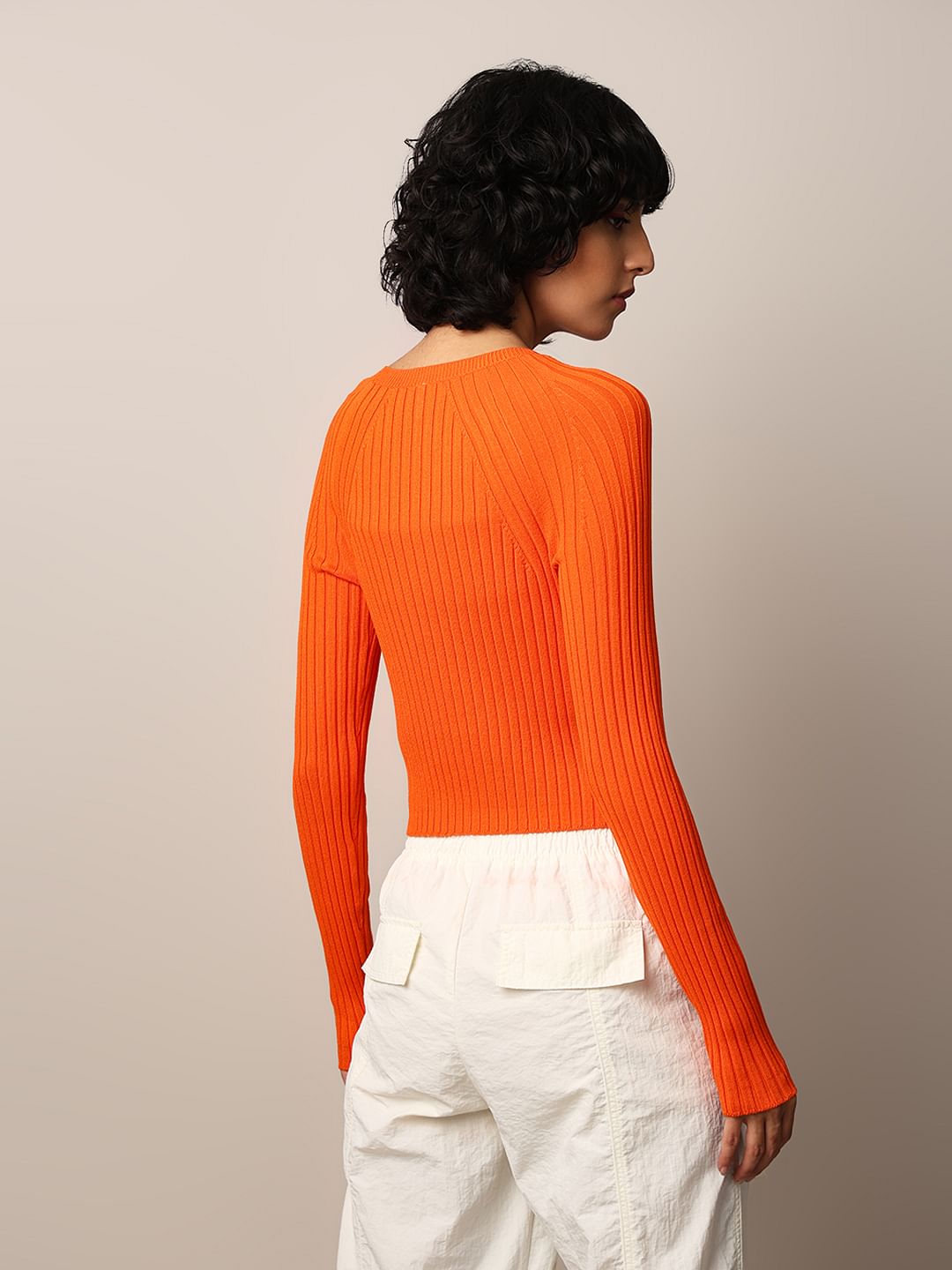 Orange Rib-Knit Cropped Fitted Pullover
