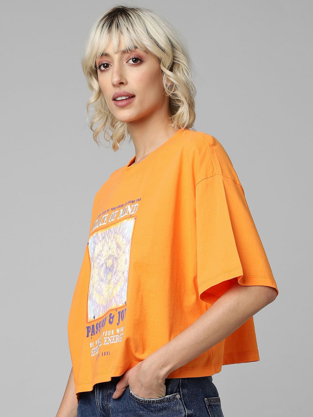 Orange Graphic Print Cropped T-Shirt