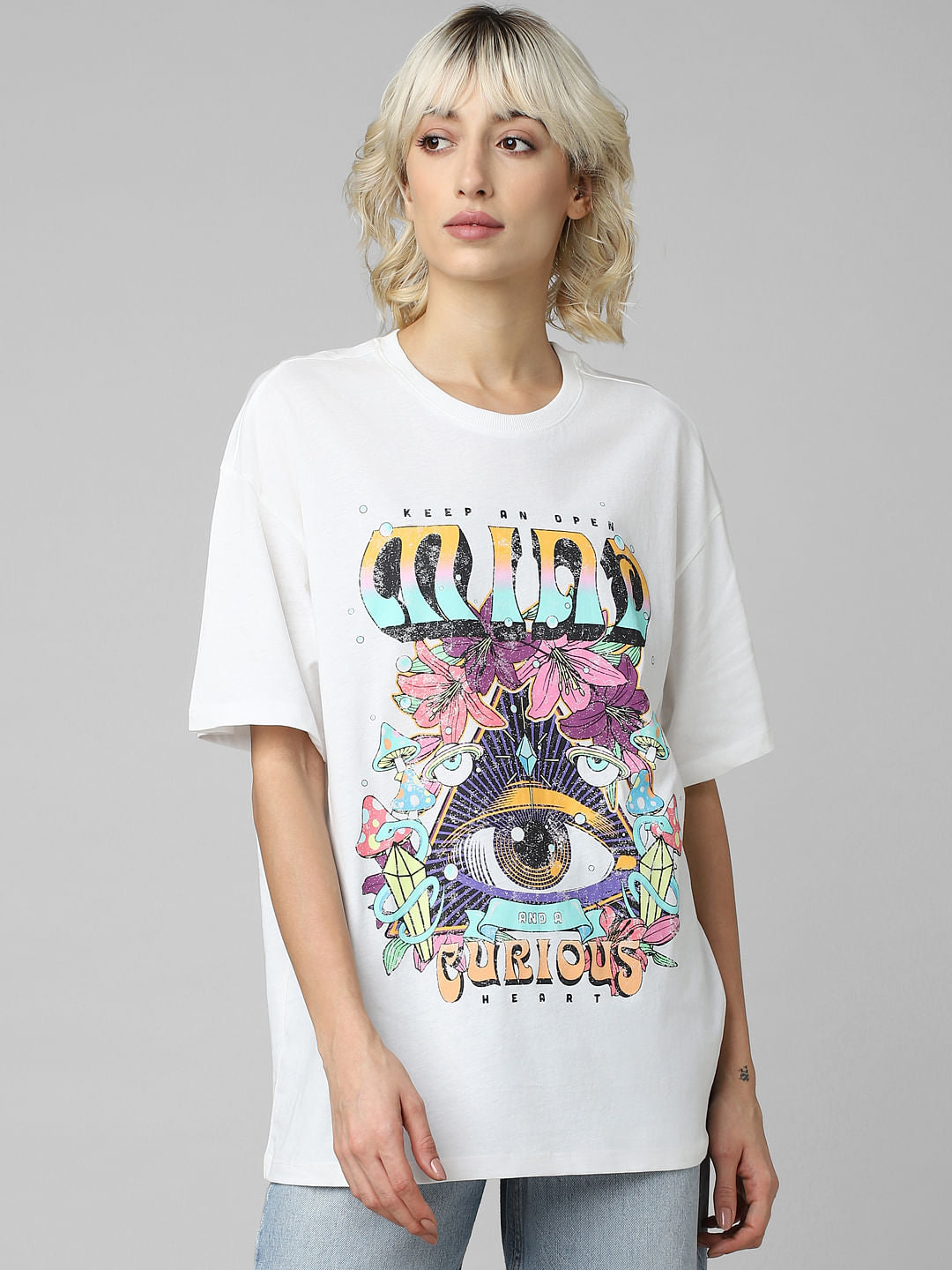 White Graphic Print Oversized T-Shirt
