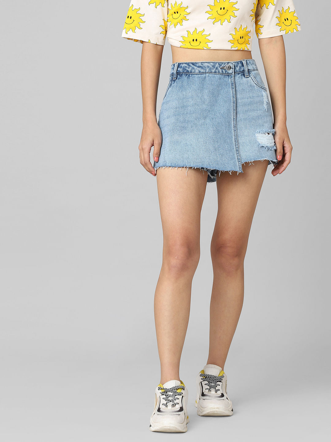 Blue Mid Rise Denim Skorts