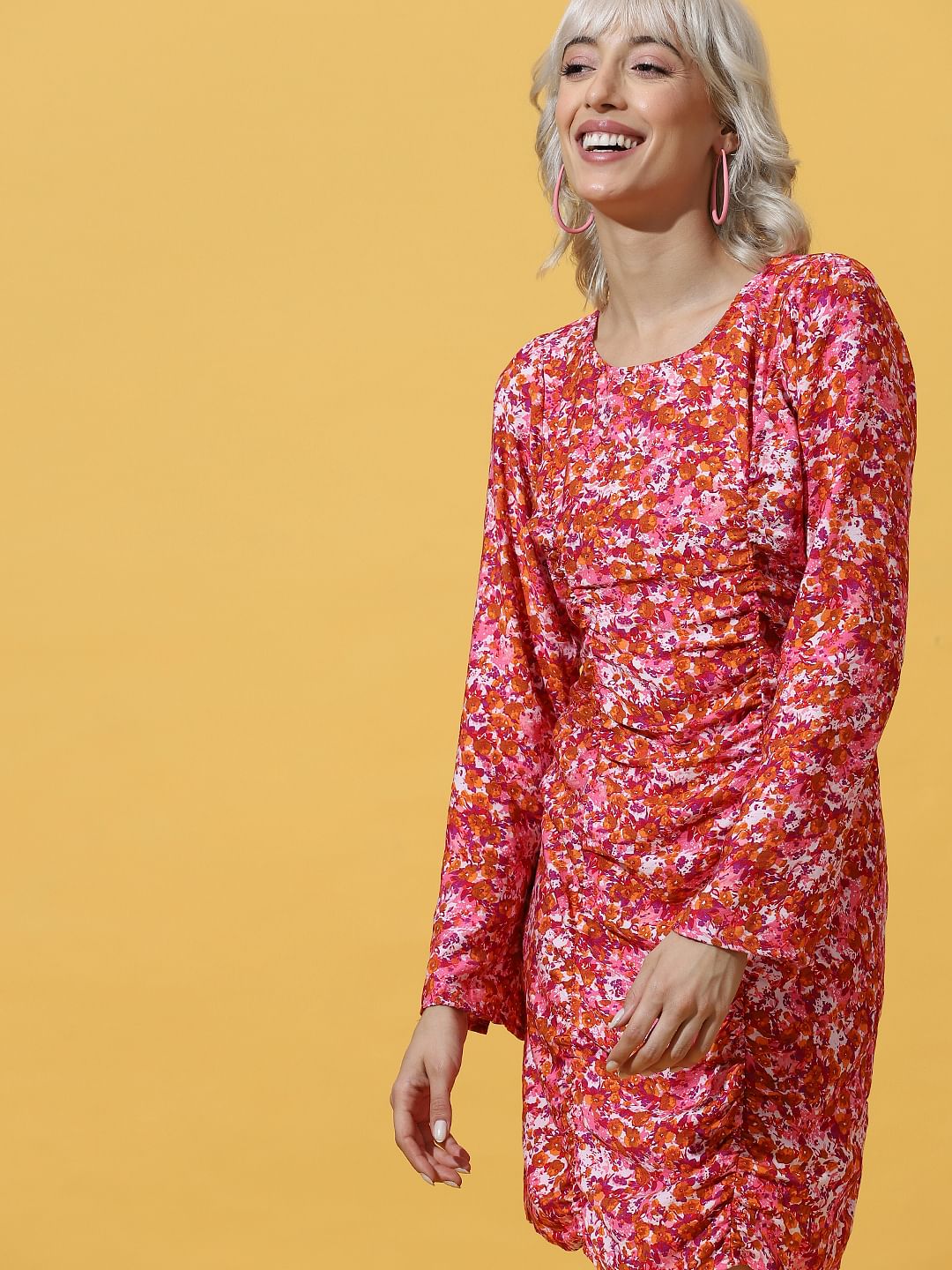 Red Floral Gathered Bodycon Dress