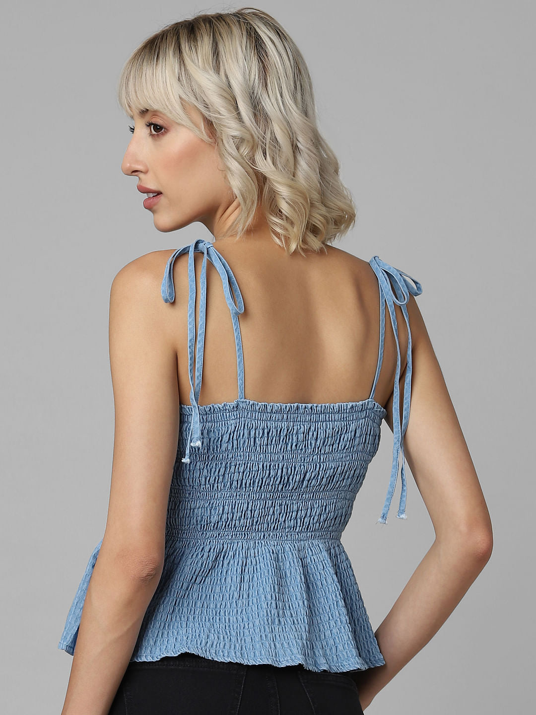 Blue Smocked Denim Top