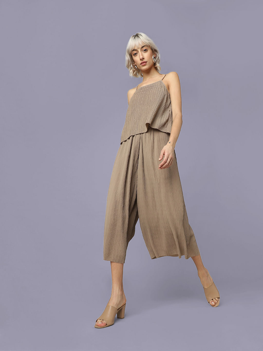 Brown High Rise Crinkled Co-Ord Pants
