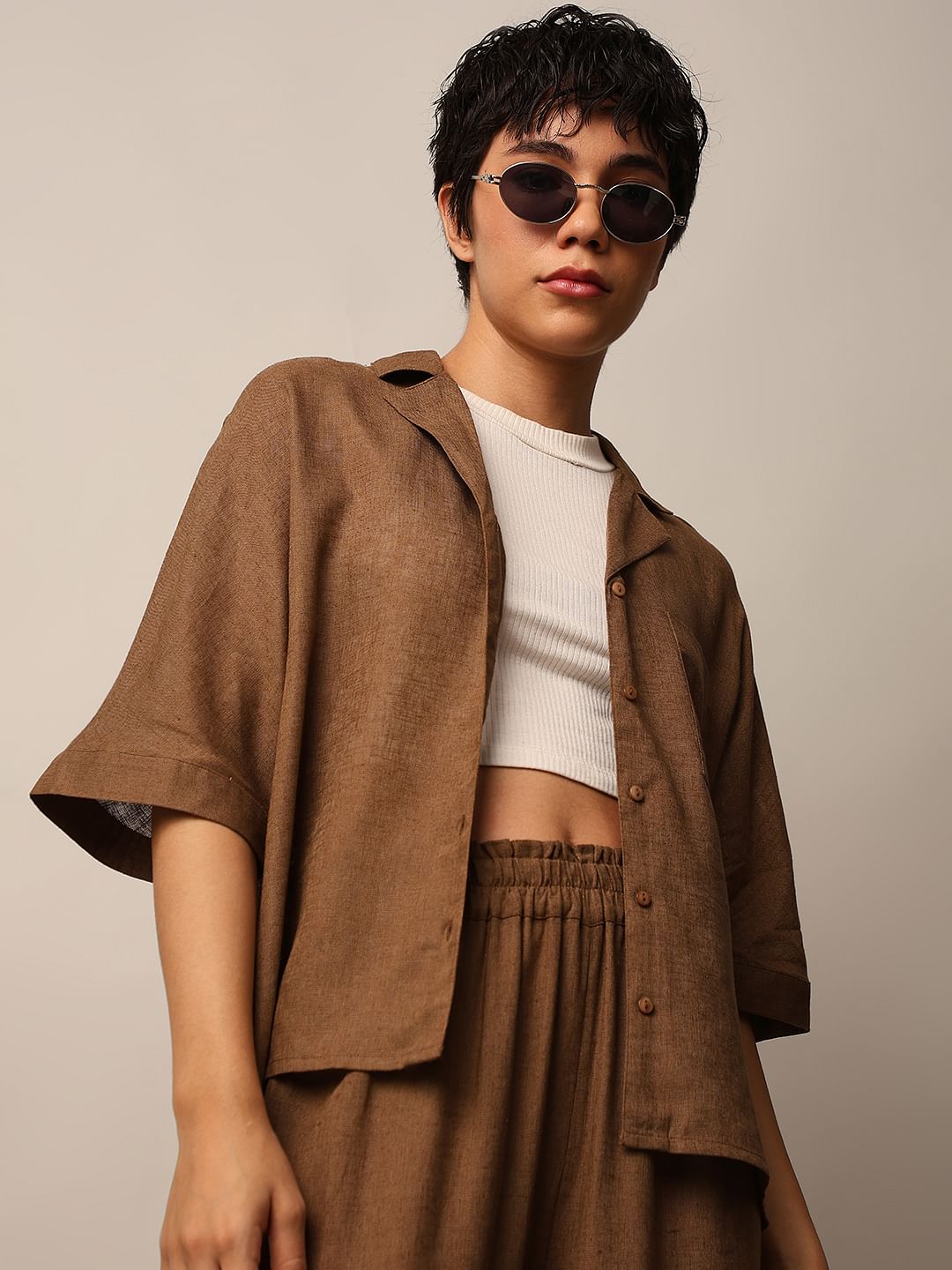 Brown Linen Boxy Fit Co-Ord Set Shirt