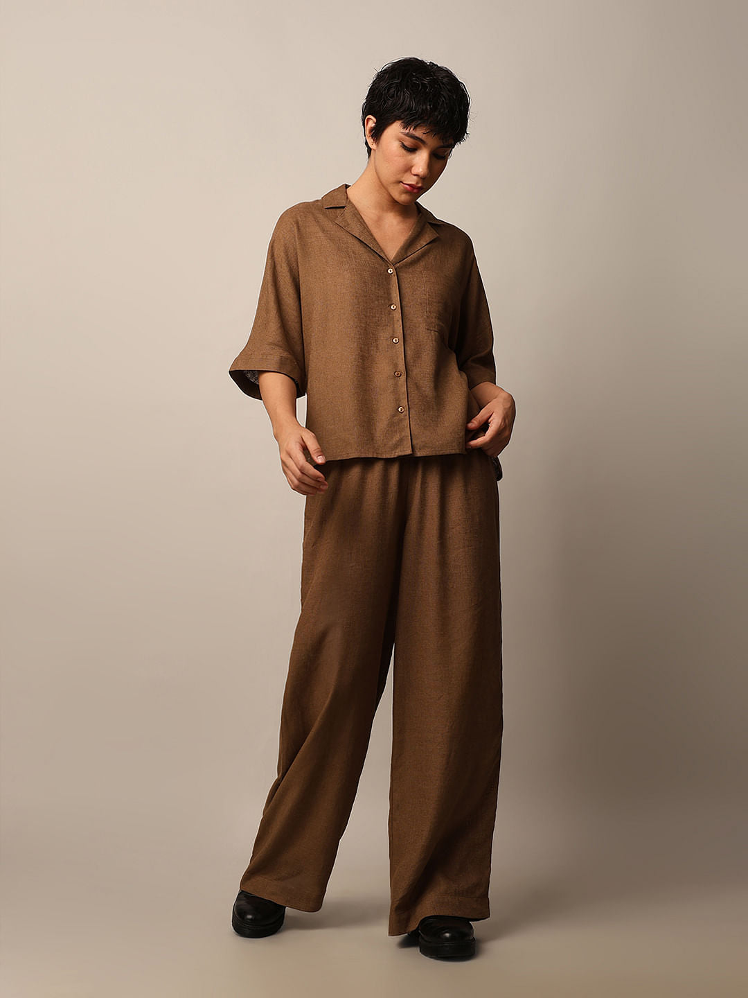 Brown Linen Boxy Fit Co-Ord Set Shirt