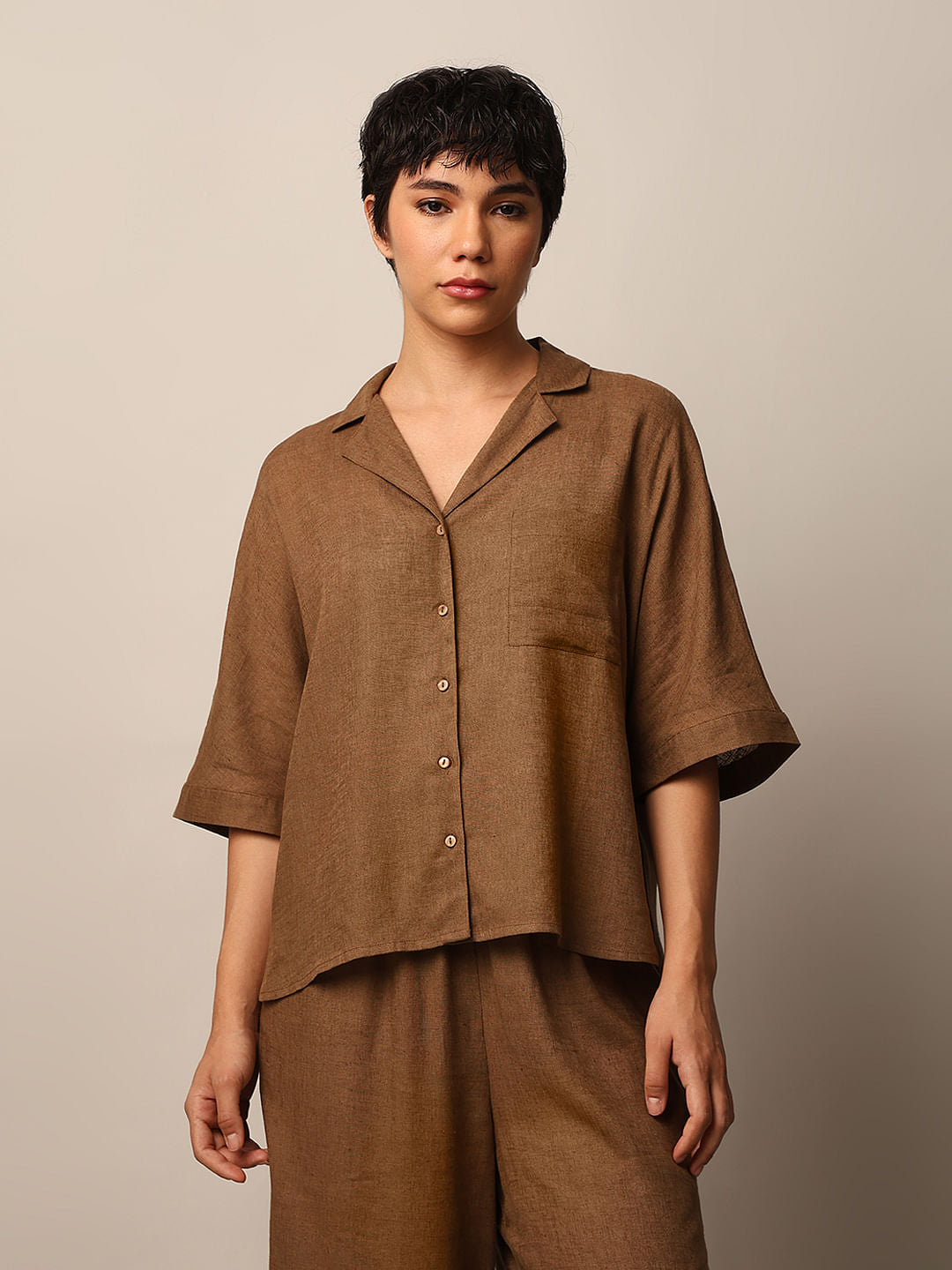Brown Linen Boxy Fit Co-Ord Set Shirt