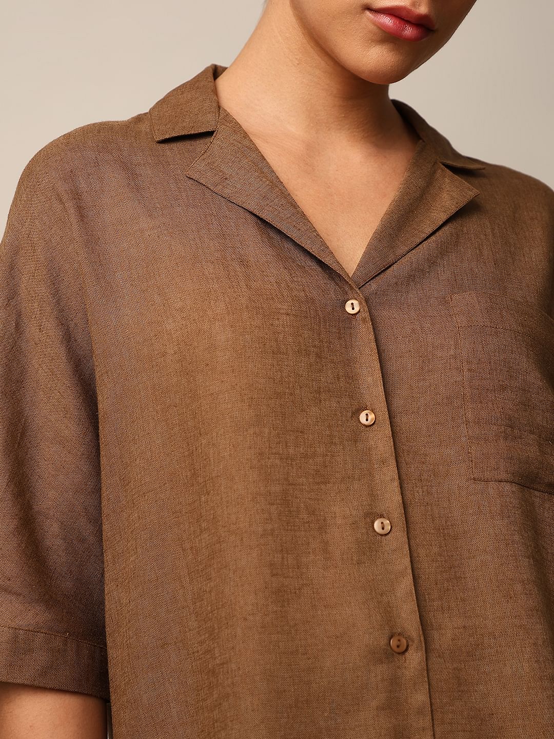 Brown Linen Boxy Fit Co-Ord Set Shirt