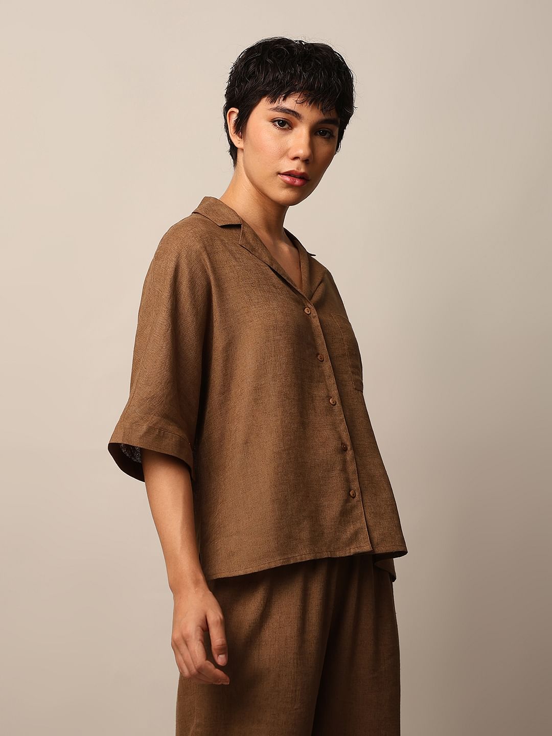 Brown Linen Boxy Fit Co-Ord Set Shirt