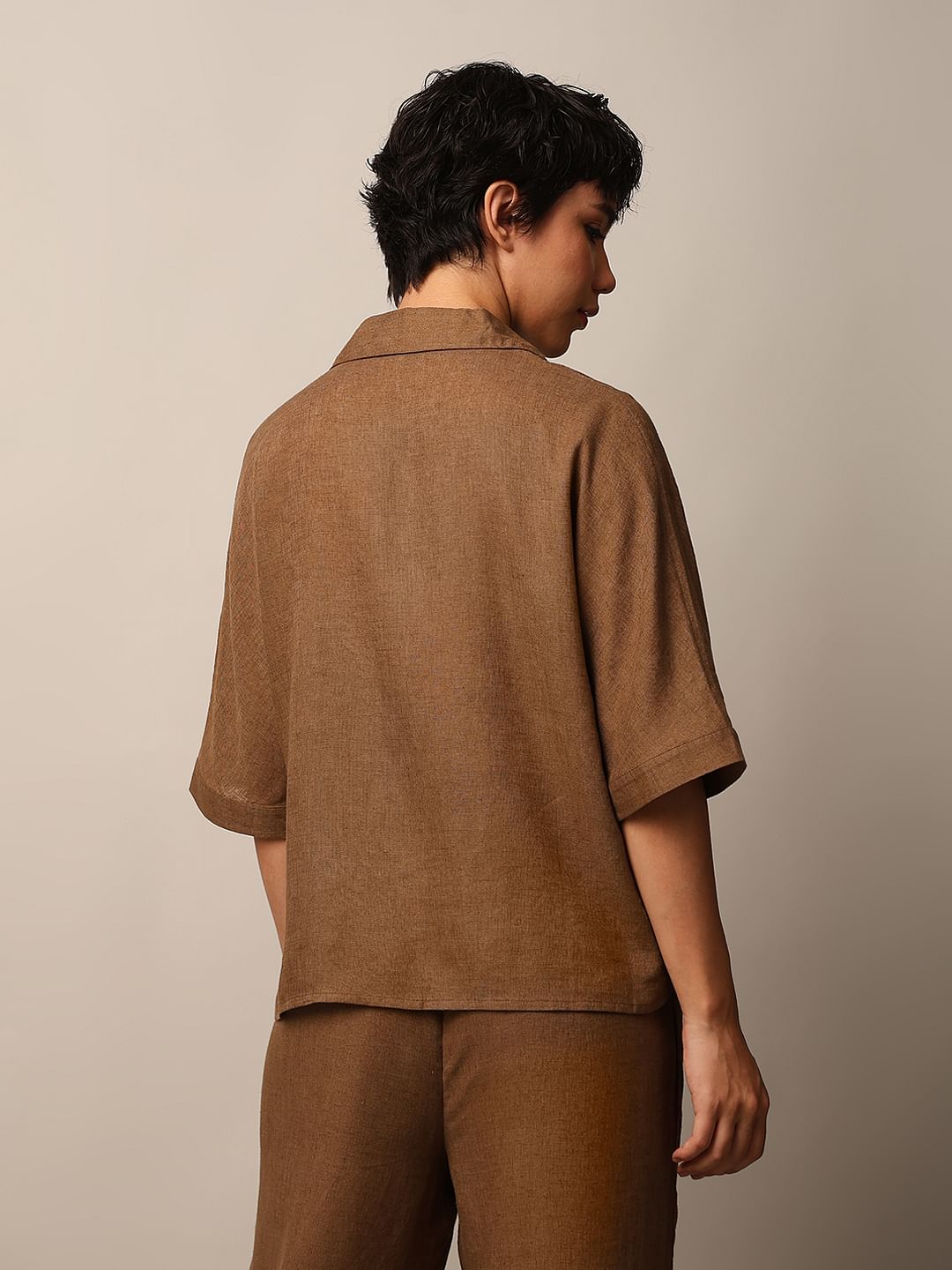 Brown Linen Boxy Fit Co-Ord Set Shirt
