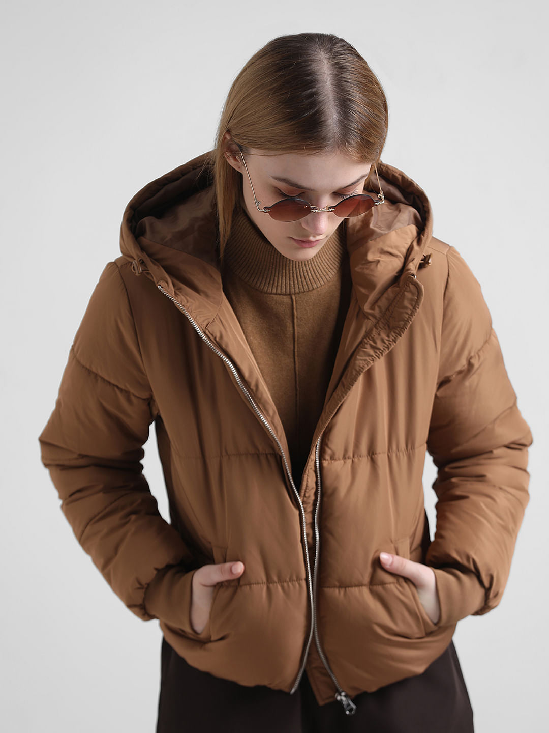 Brown Hooded Short Puffer Jacket