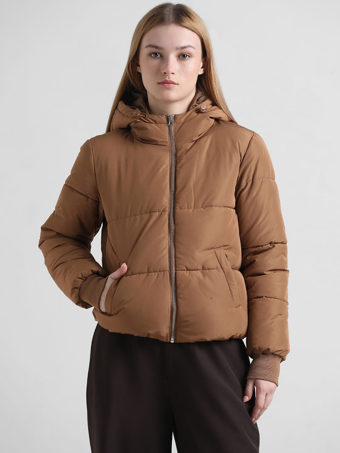 Brown Hooded Short Puffer Jacket