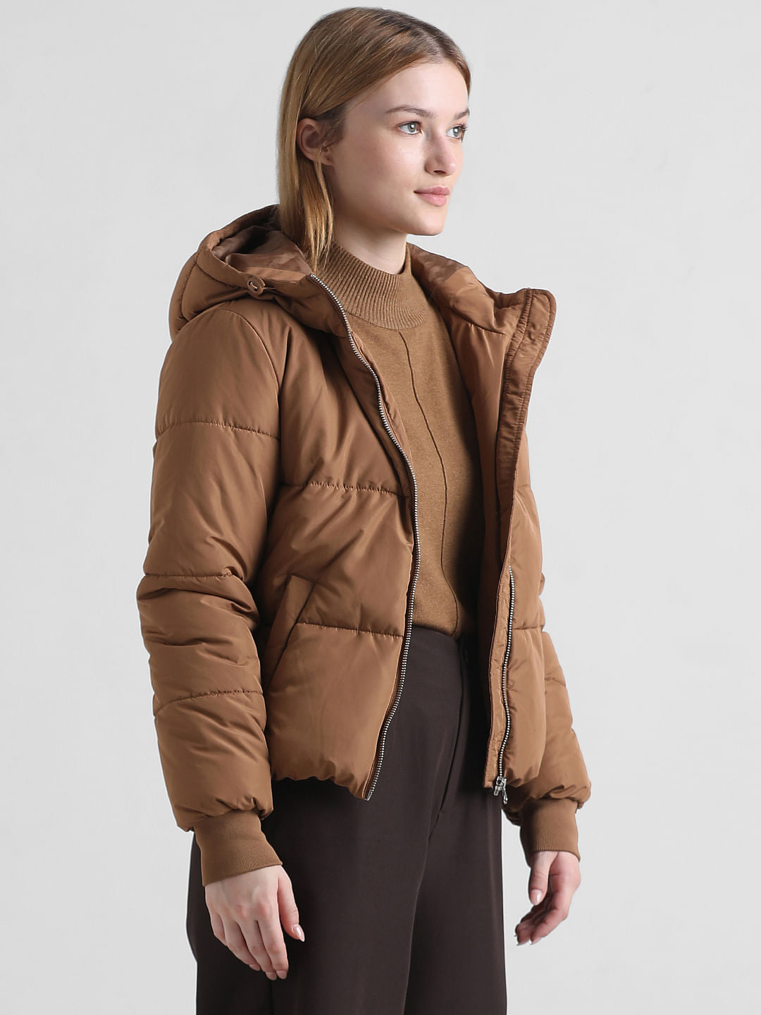 Brown Hooded Short Puffer Jacket