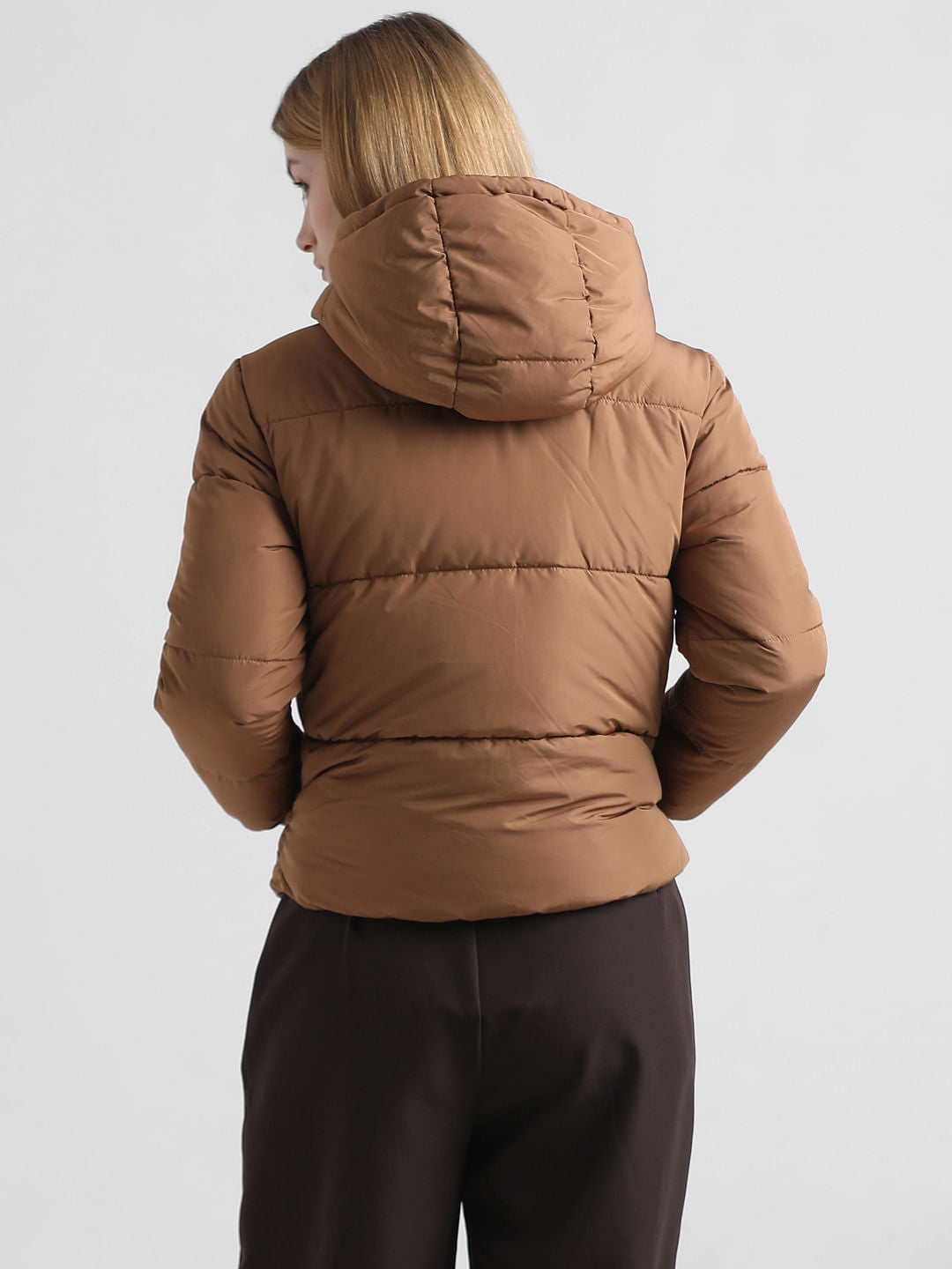 Brown Hooded Short Puffer Jacket