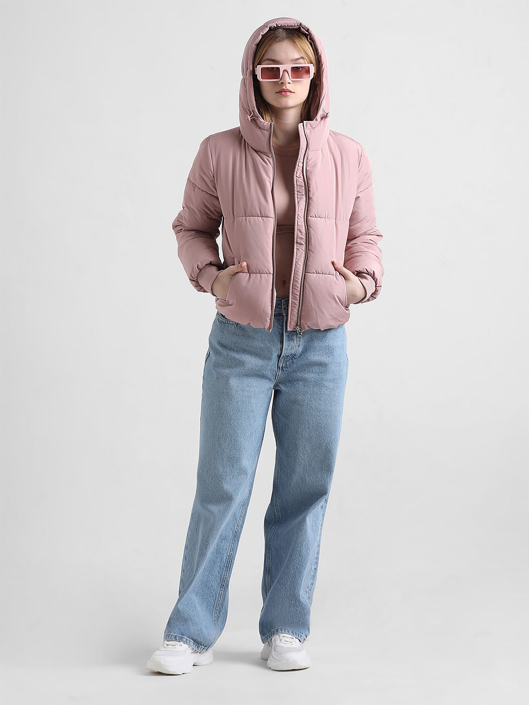 Pink Hooded Short Puffer Jacket