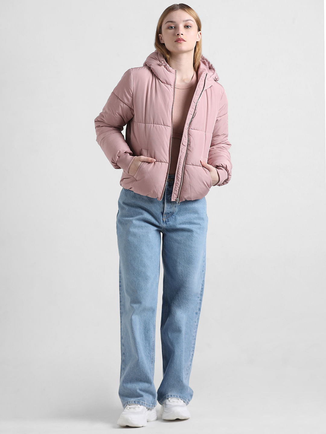 Pink Hooded Short Puffer Jacket