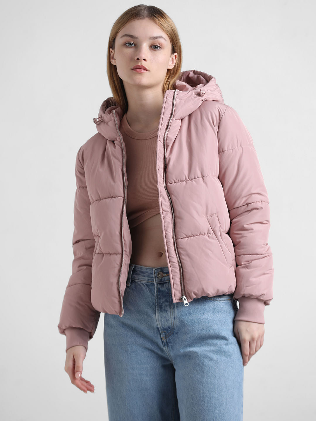 Pink Hooded Short Puffer Jacket