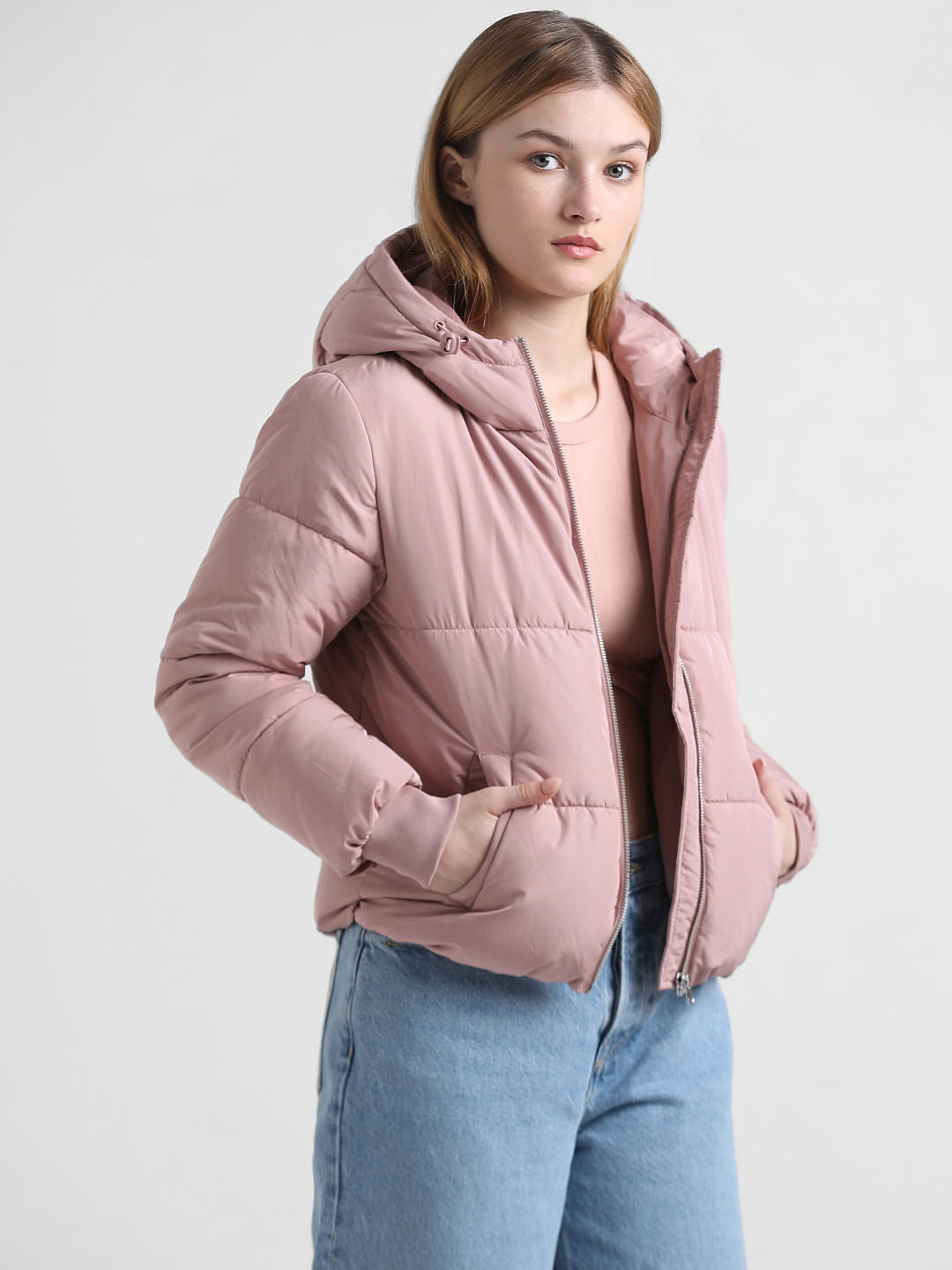 Pink Hooded Short Puffer Jacket