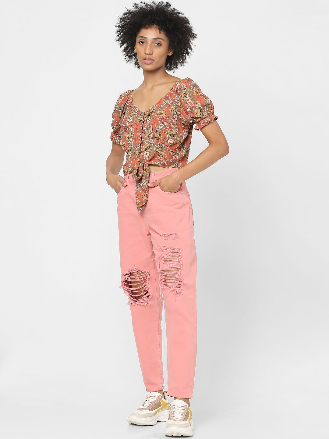 Brown Tropical Print Tie Up Crop Top