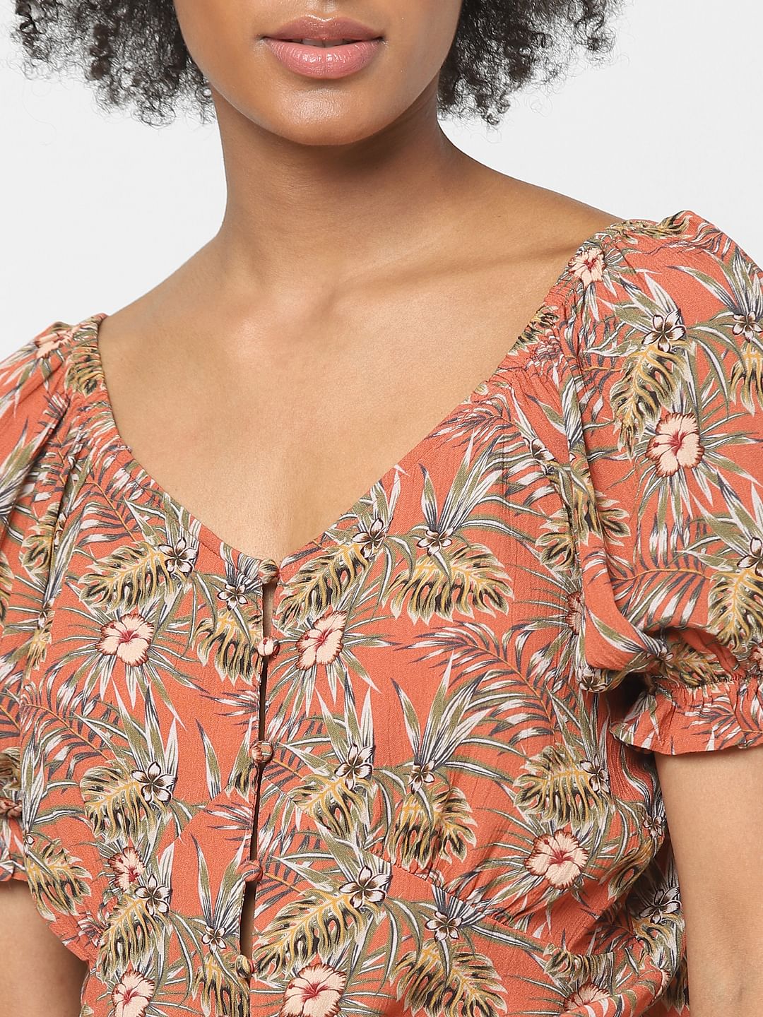 Brown Tropical Print Tie Up Crop Top