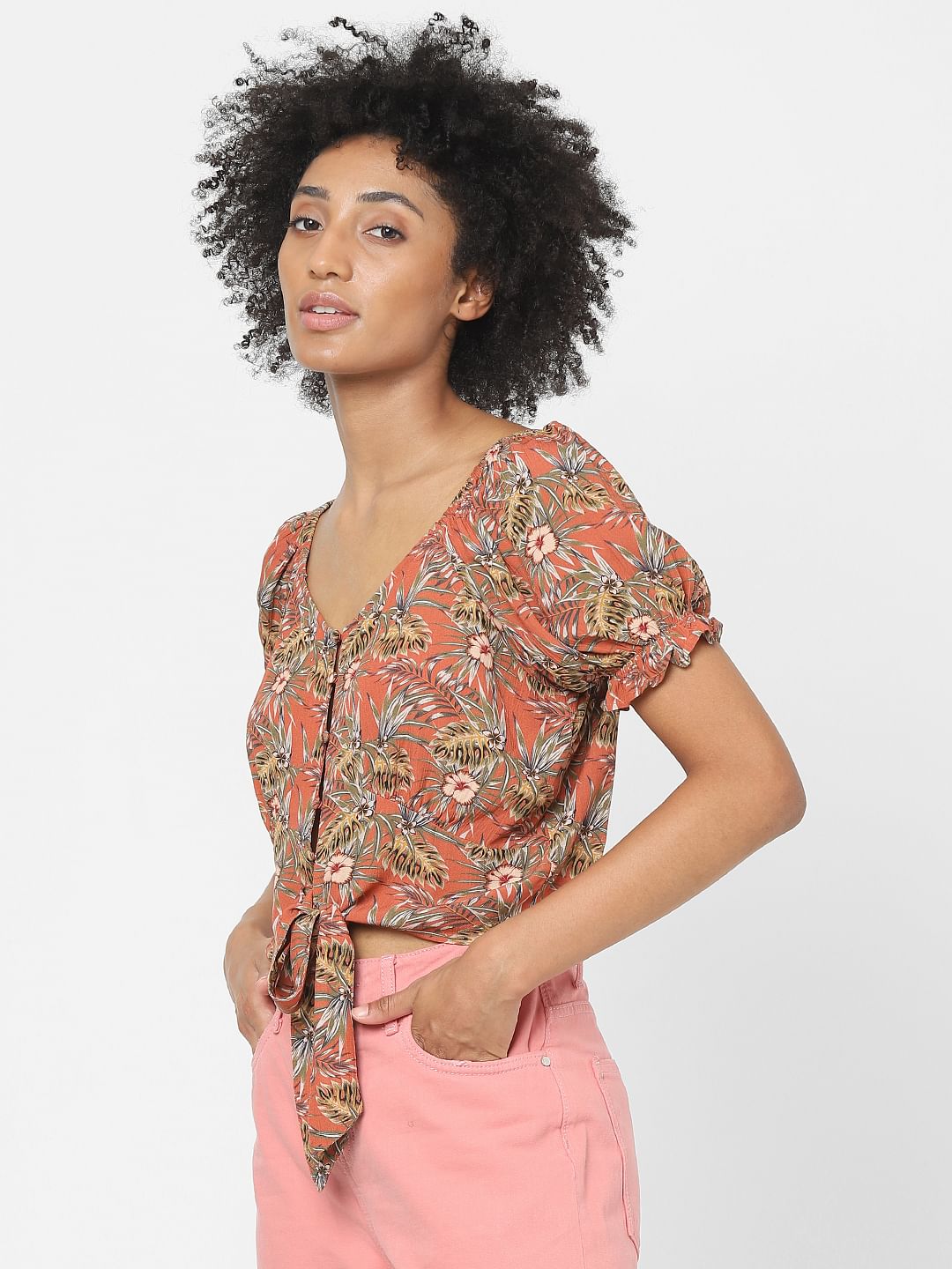 Brown Tropical Print Tie Up Crop Top